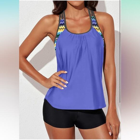 Womens Blouson Striped Printed Push up Strappy T-Back Tankini Top with Shorts M - Picture 4 of 5